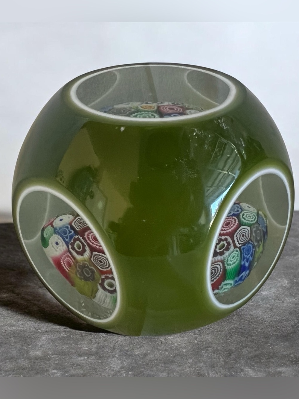 Vintage Murano green cased glass millefiori paper weight 2-1/2”